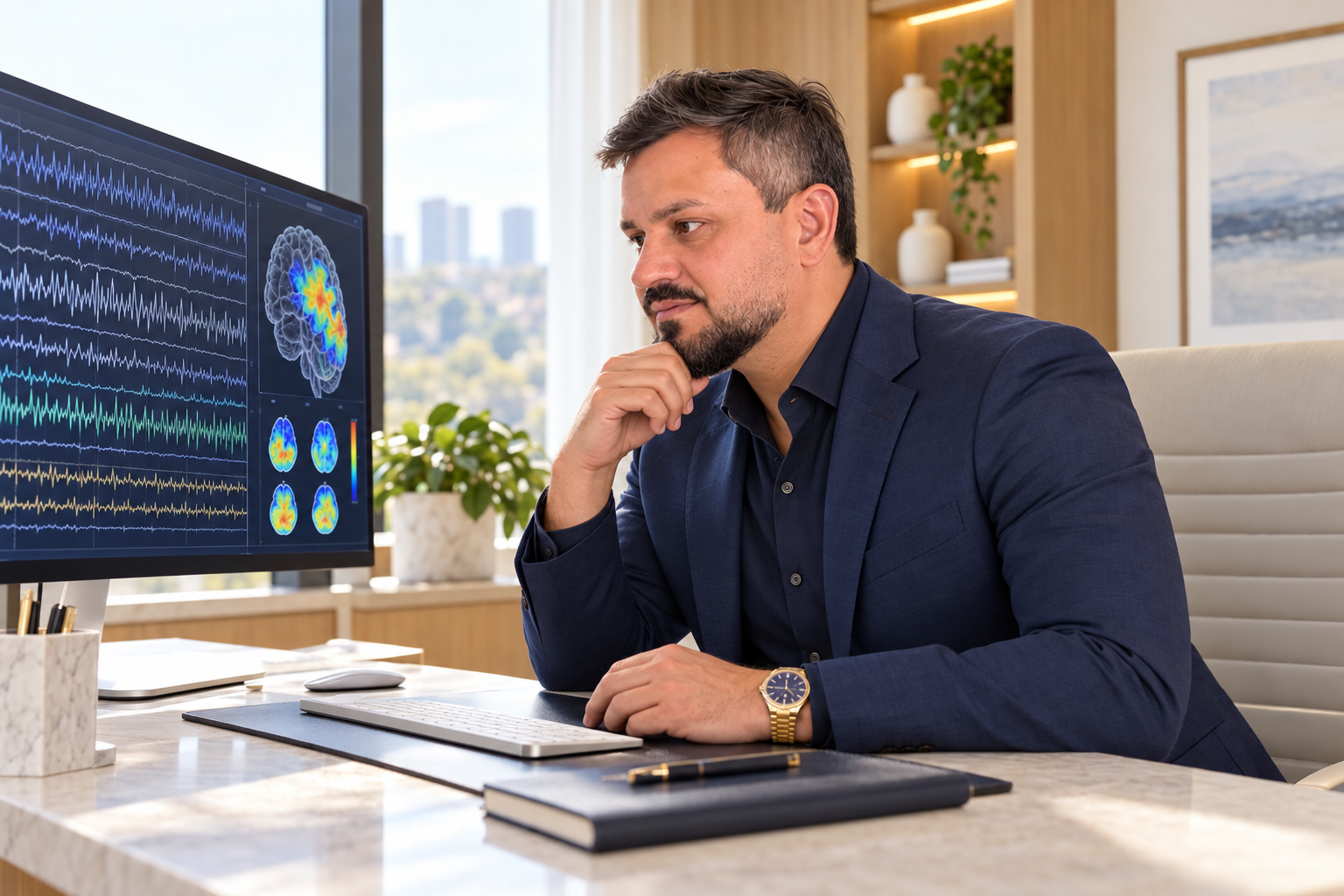Dr. Diego observando registros de atividade cerebral